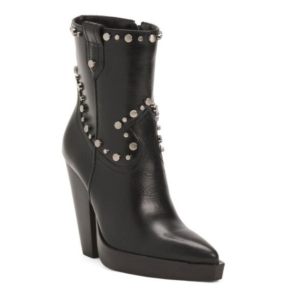 VINCE CAMUTO Black Made In Brazil Leather Nanikshie Studded Heeled Boots - Picture 1 of 2